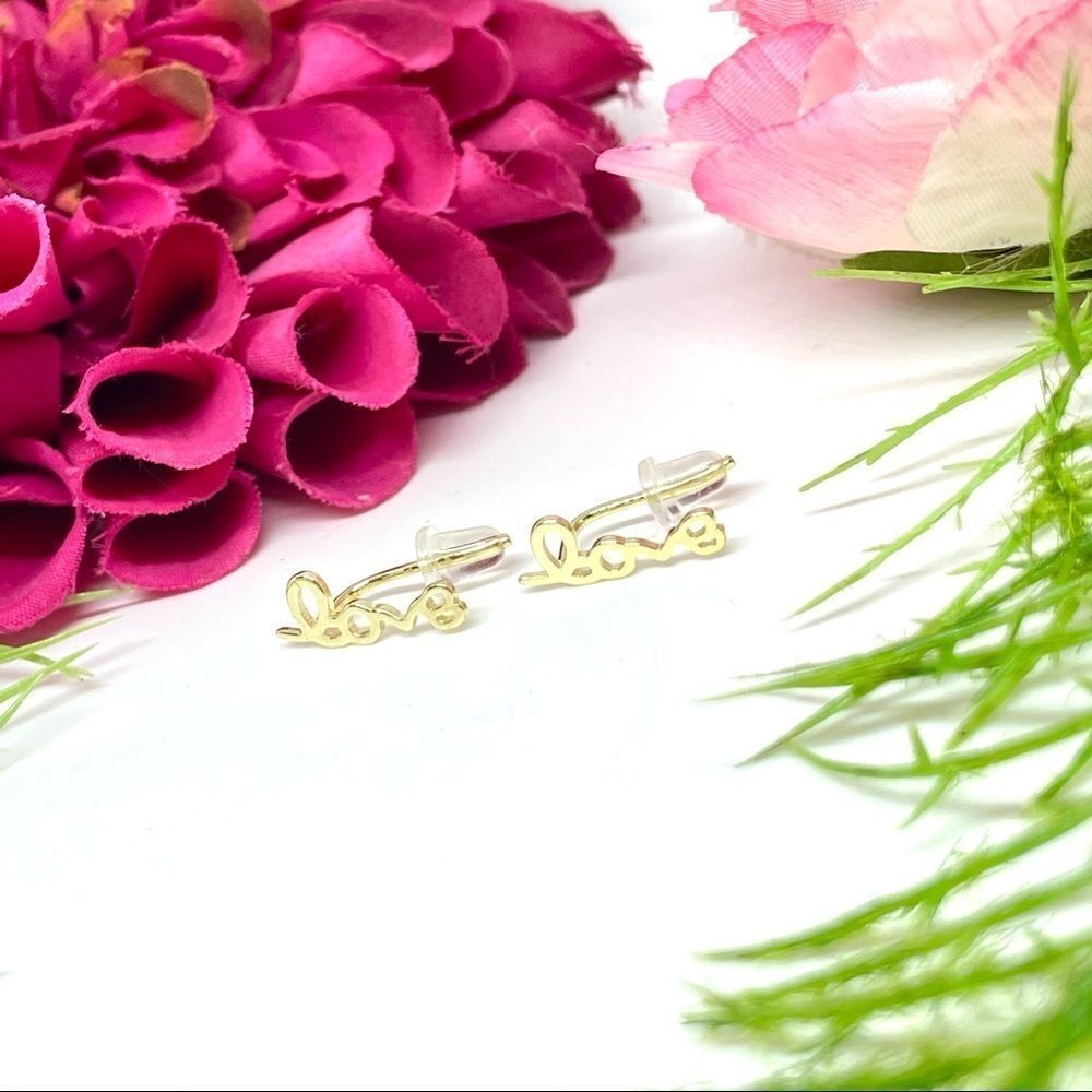 NEW⚜️14K STERLING SILVER “LOVE” Script Earrings - Picture 3 of 13